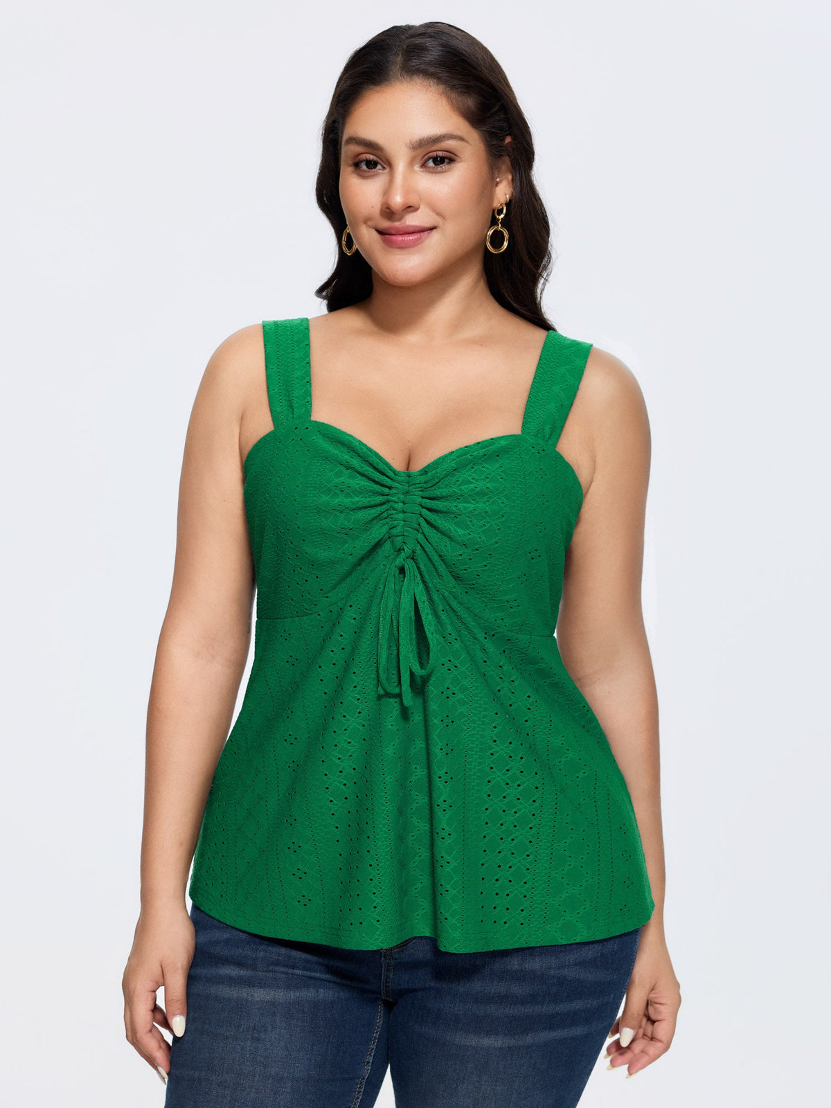 Texture Eyelet Sweetheart Neck Drawstring Tank Top