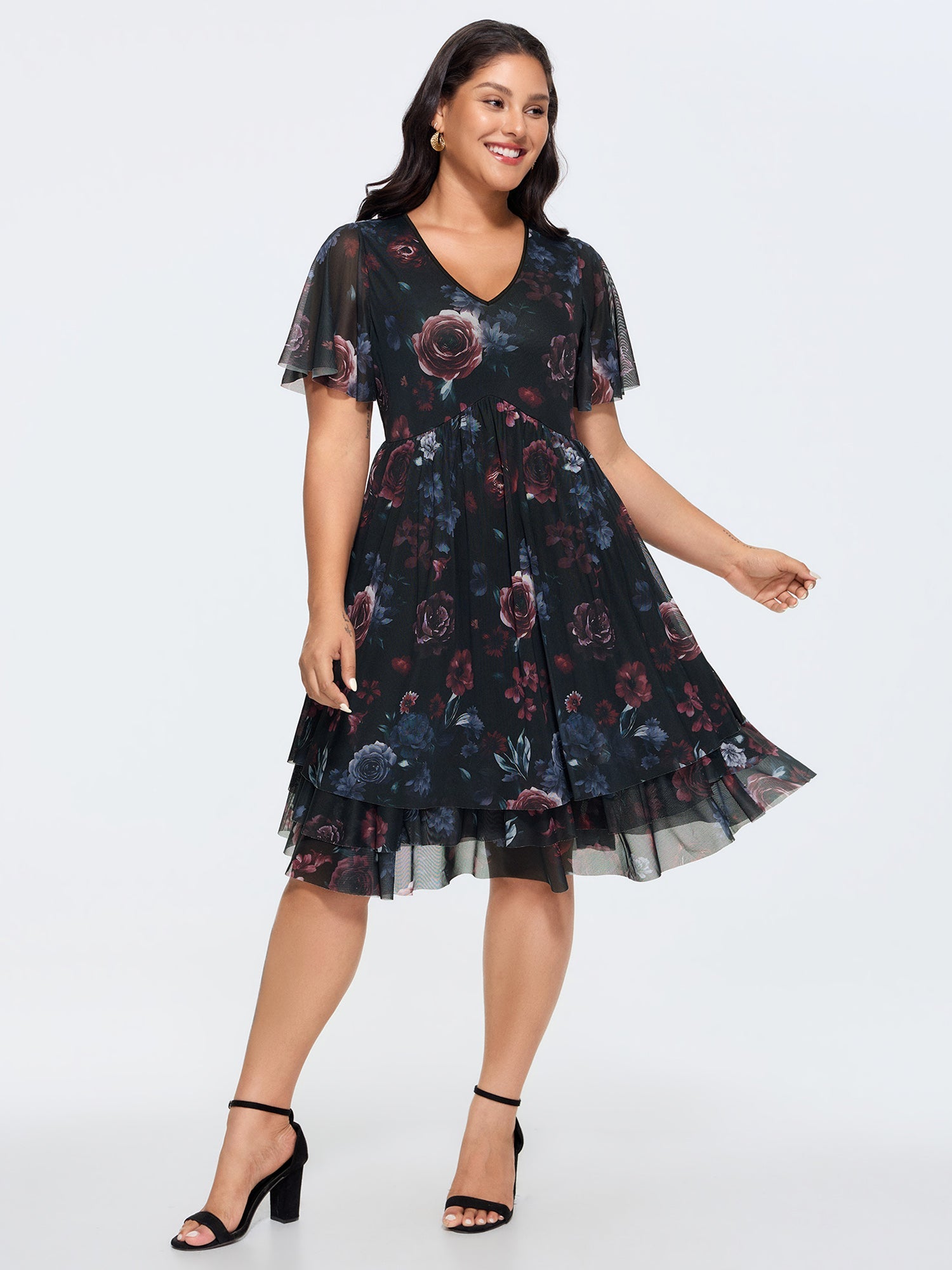 Stretchy Floral Mesh V-Neck Mini Dress
