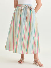 Cotton Striped Print Waist-Tie Maxi Skirt
