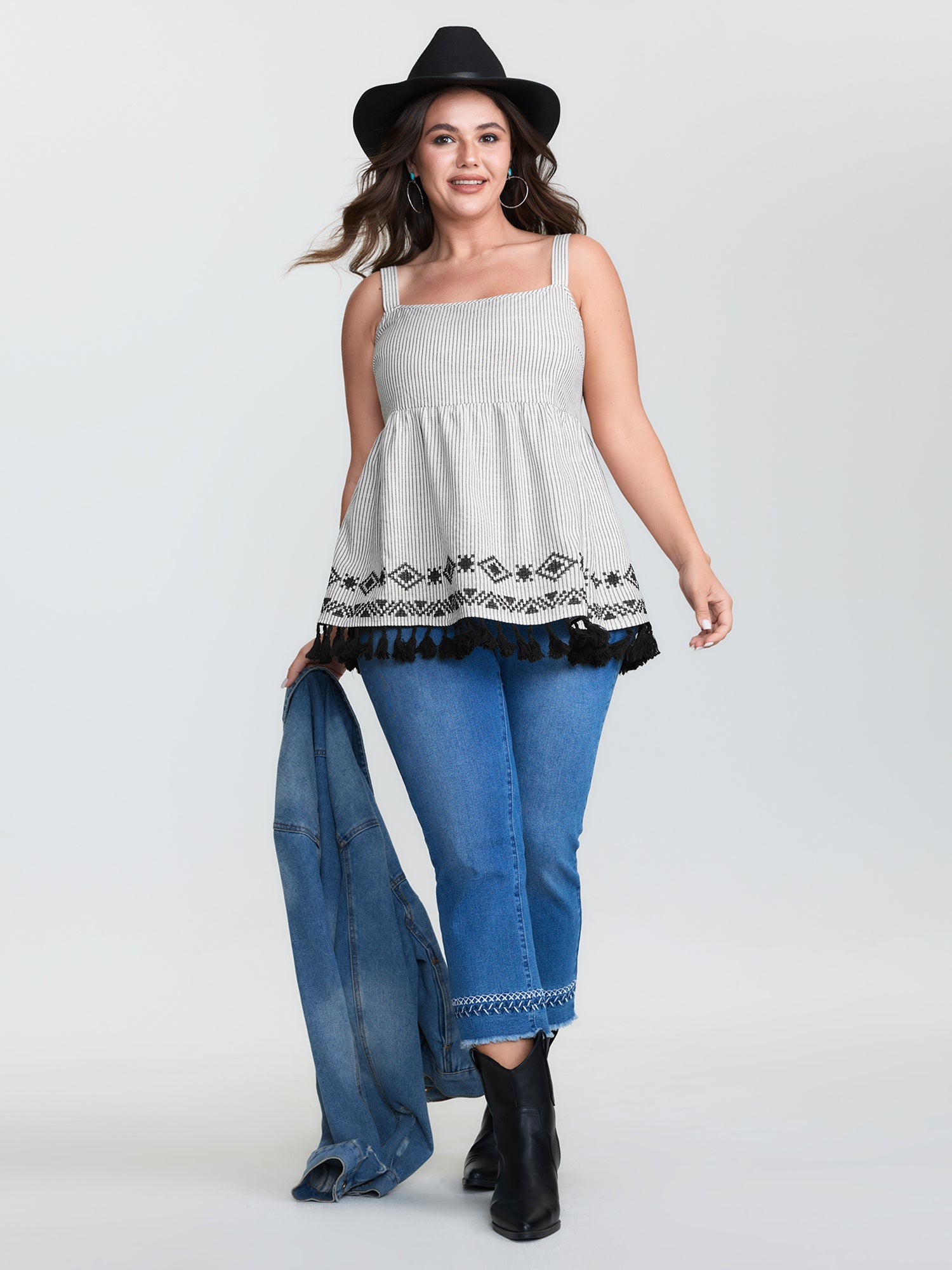Cotton Linen Striped Embroidered Fringe Hem Tank Top