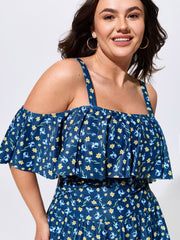 Floral Print Cold-Shoulder Swim Dress