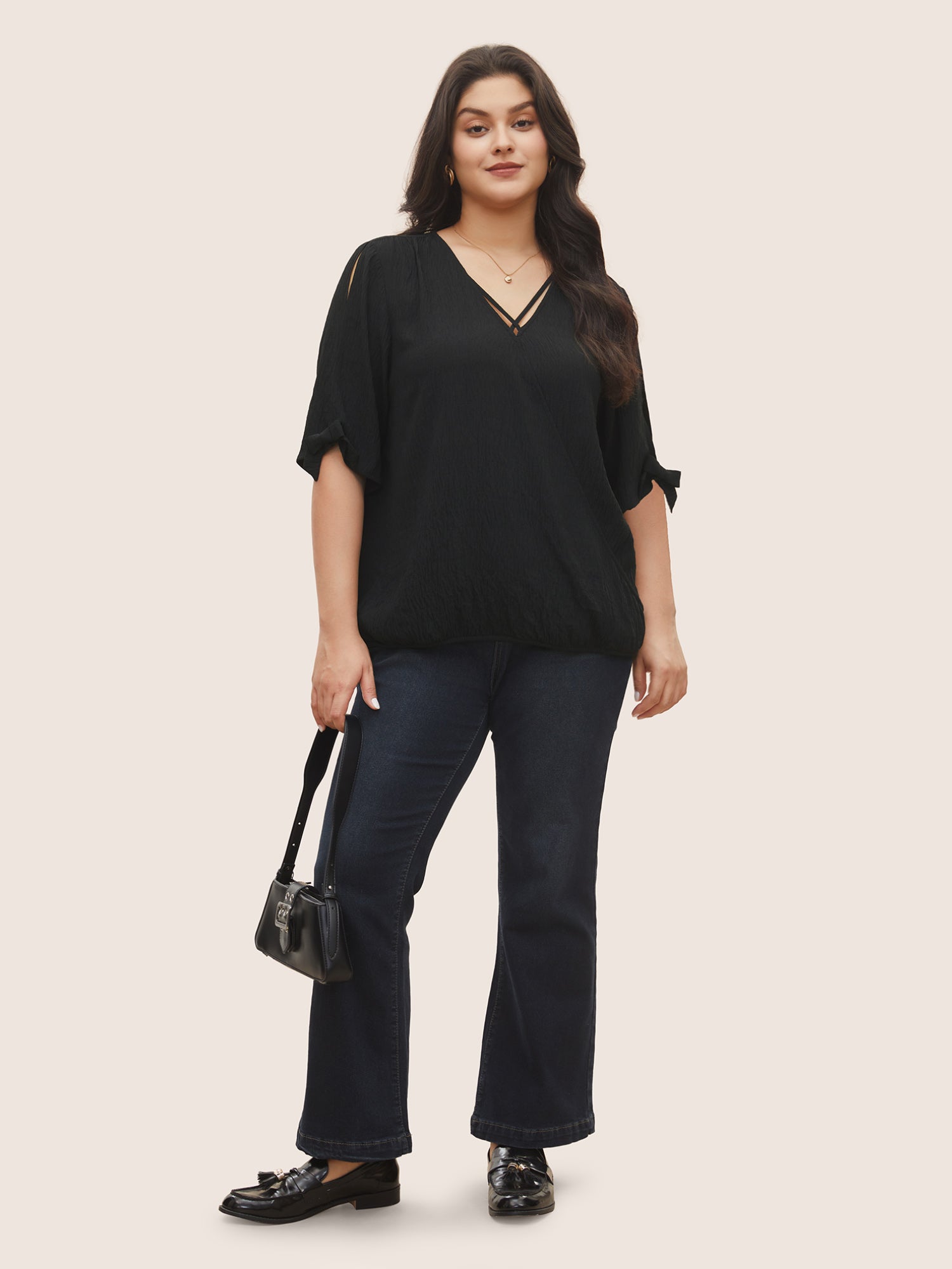 Stretchy Woven Bowknot Cut Out Gathered Crisscross Blouse