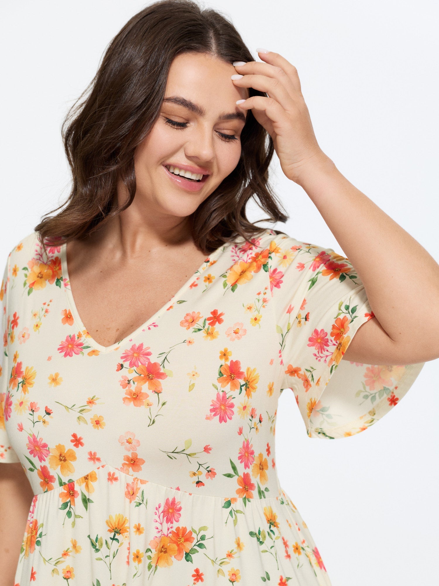 Stretchy Floral Print V-Neck Knit Top