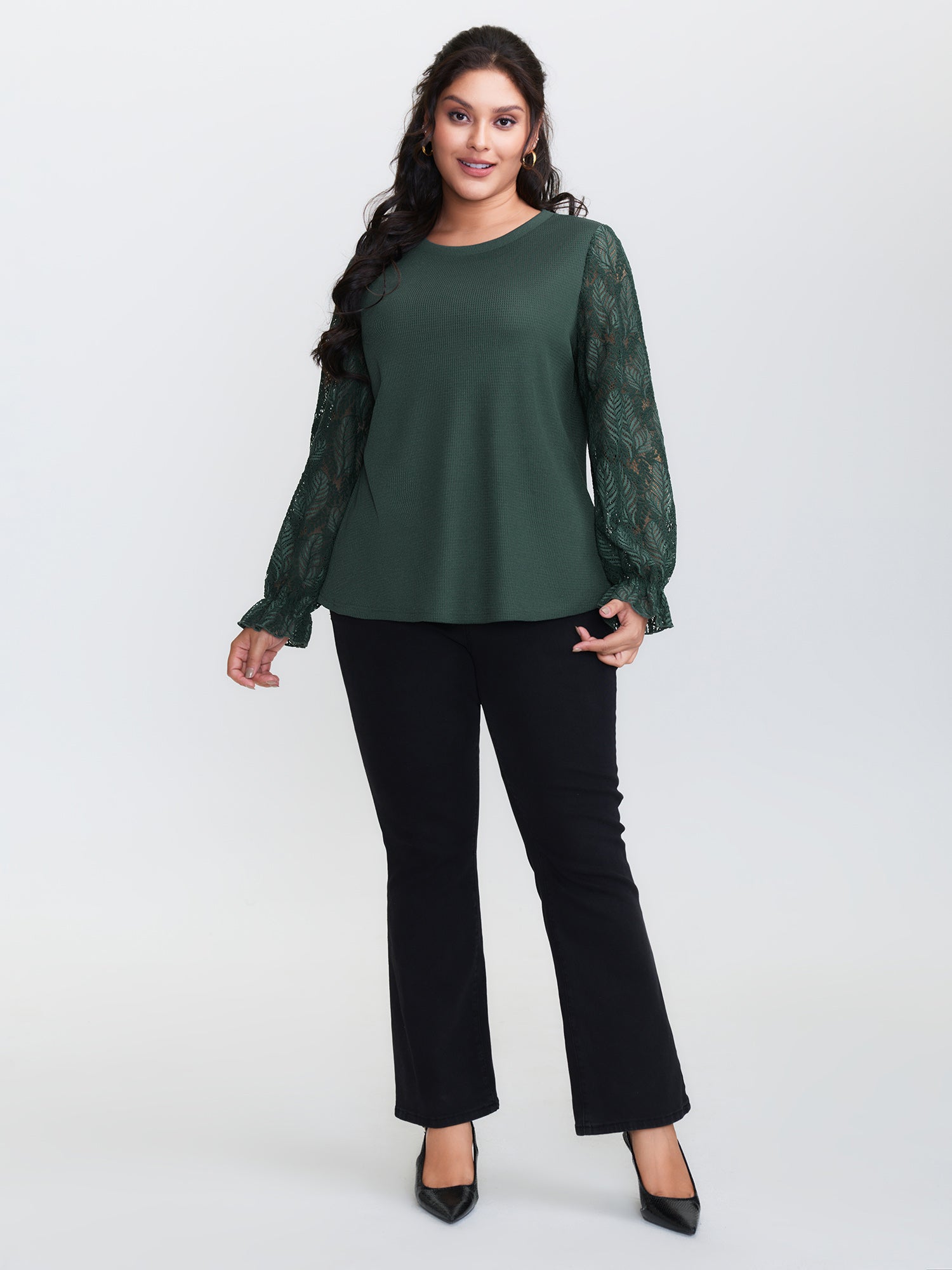 Lace Shirred Cuff Sleeve Sweatshirt