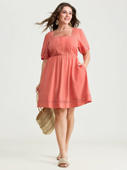 Lace Square Neckline Bubble Sleeve Mini Dress