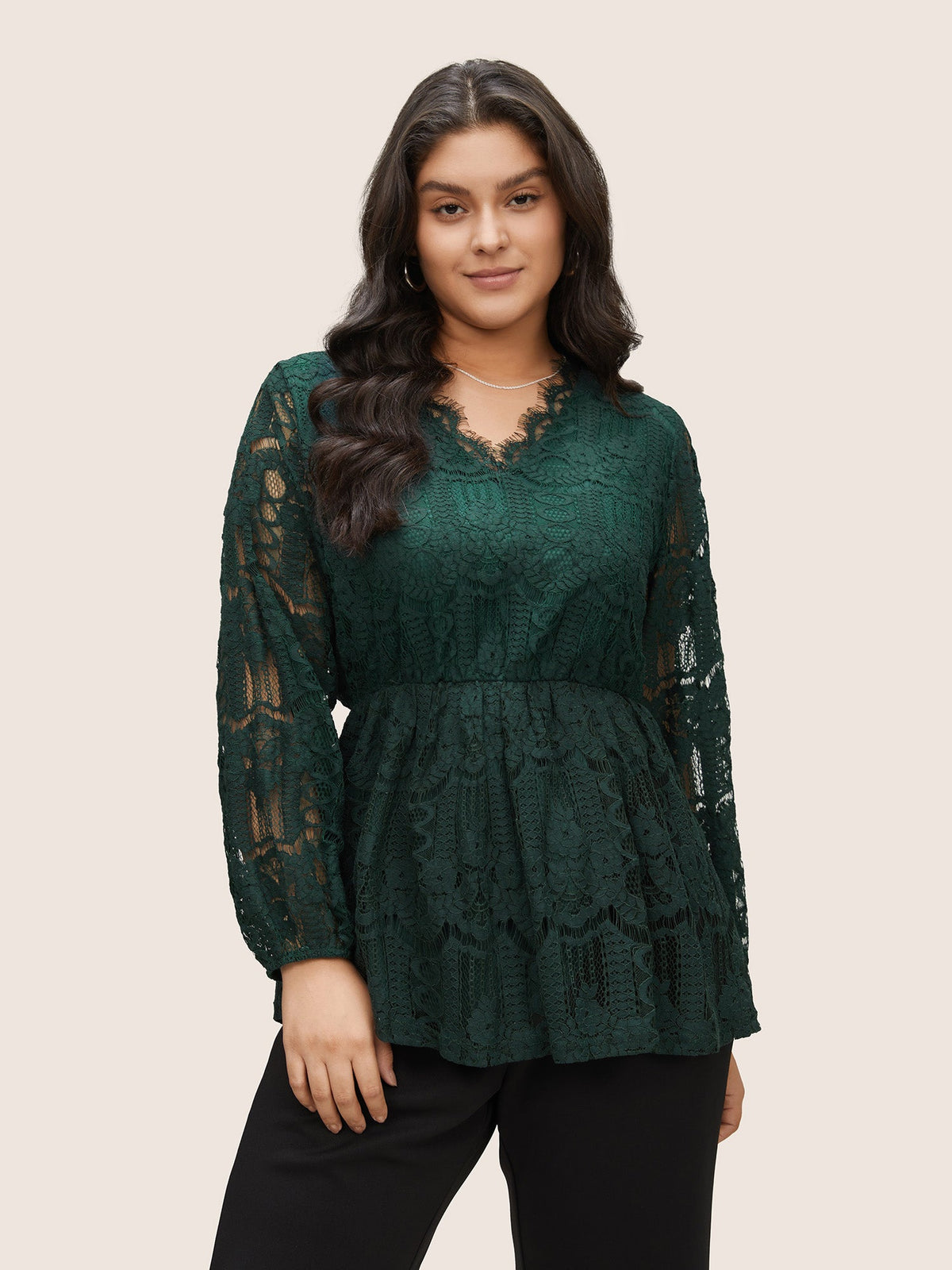 Solid Lace Patchwork Elastic Waist Blouse