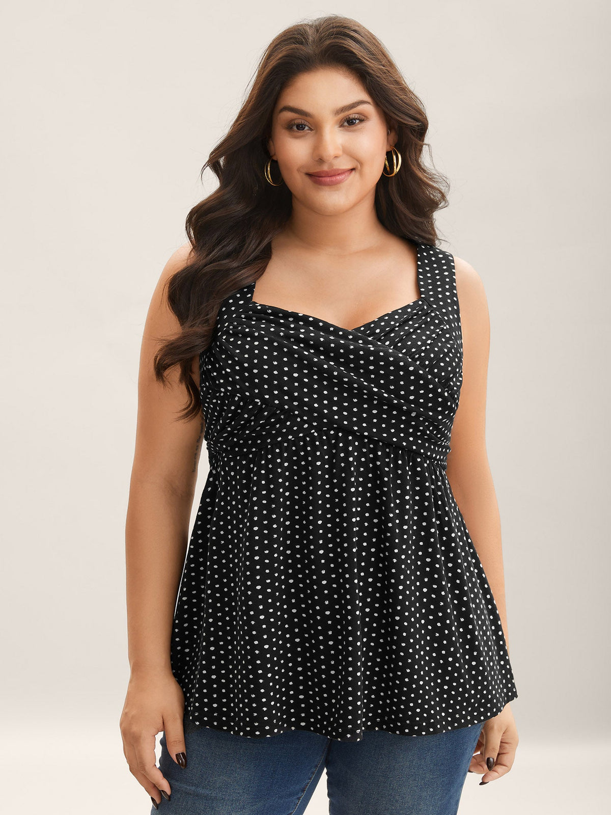 Stretchy Polka Dots Shirred Tank Top