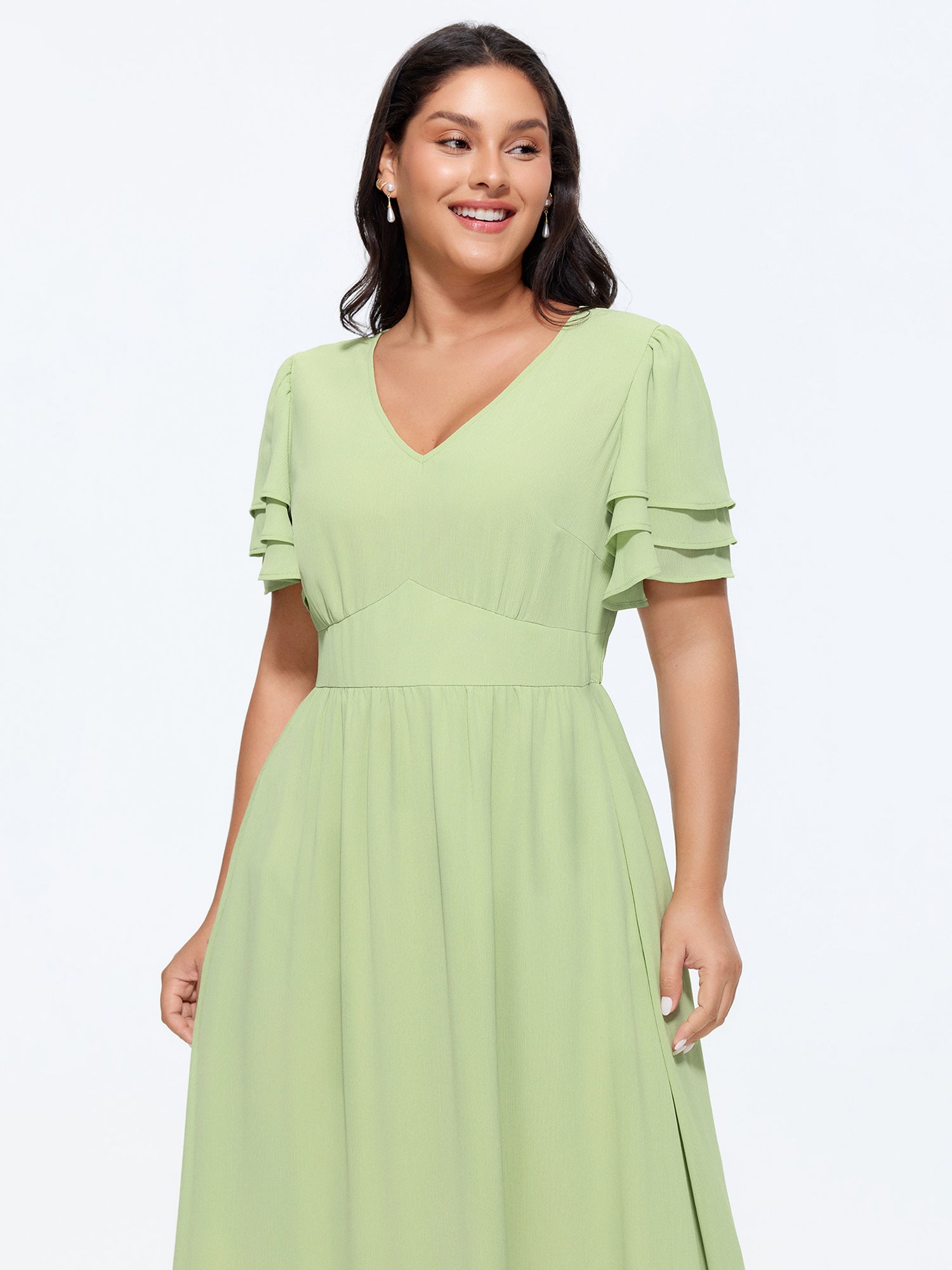 Plain Layered Sleeve Cinched-Waist Midi Dress
