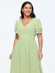 Plain Layered Sleeve Cinched-Waist Midi Dress