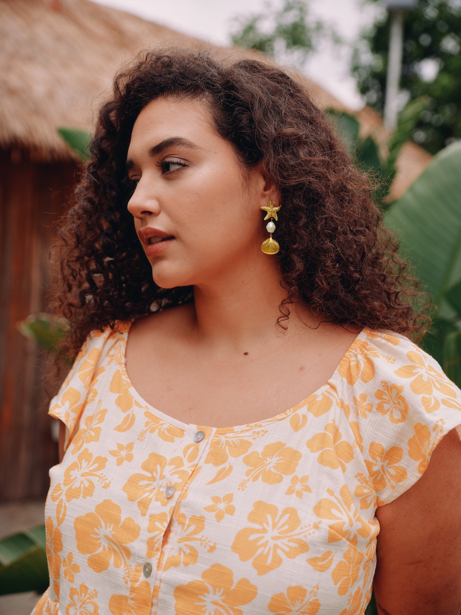 Gold Starfish & Shell Drop Earrings