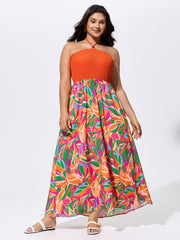 Tropical Floral Print Halter Neck Shirred Midi Dress