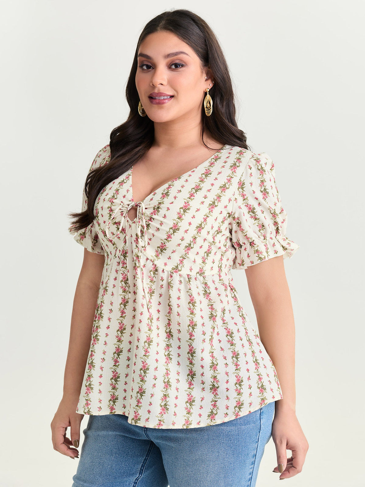 Floral Striped Adjustable Drawstring Blouse