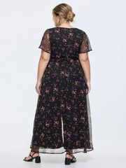 Ditsy Floral Print Wrap Tie Overlay Jumpsuit