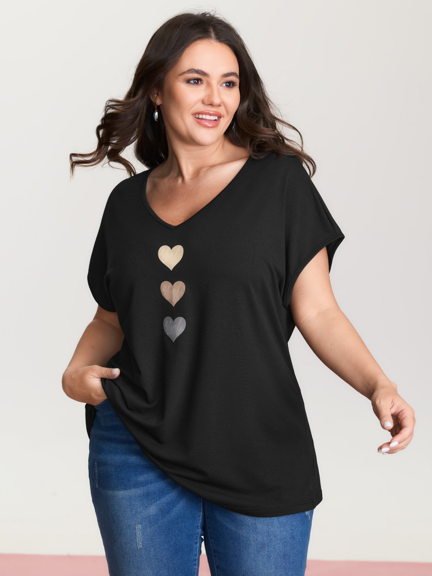 Heart Print Stretchy Dolman Sleeve T-Shirt