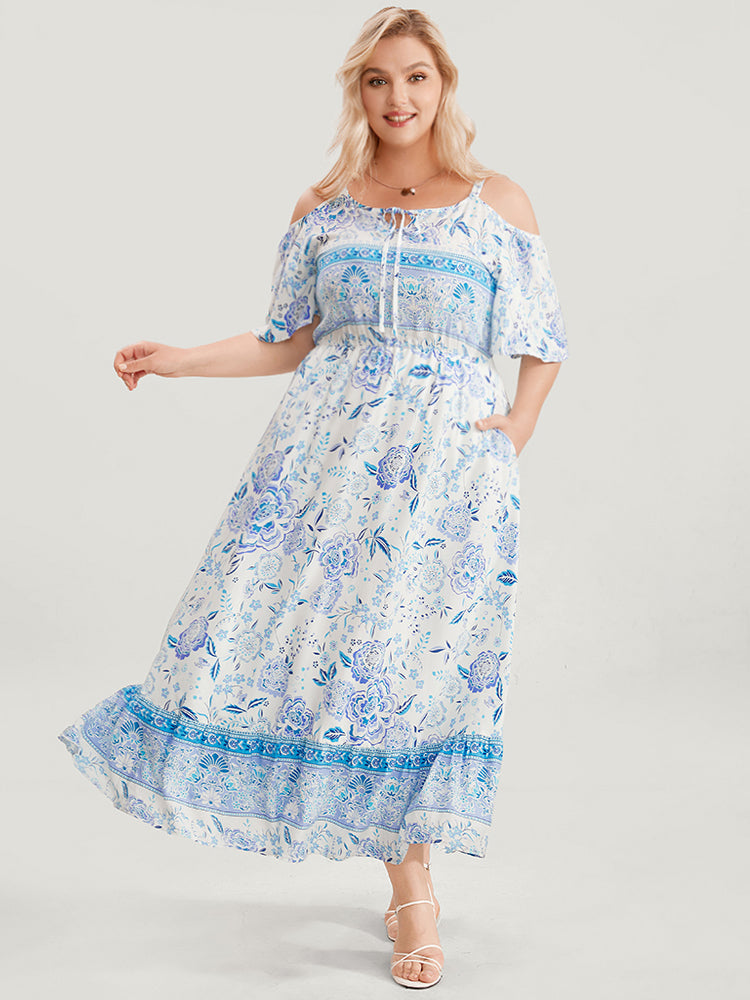 Off Shoulder Tie Neck Floral Print Midi Dress