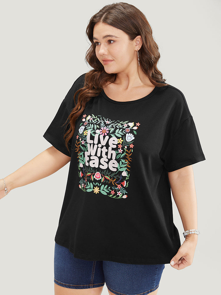 Floral & Slogan Print Slightly Stretchy Casual T-shirt