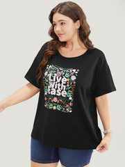 Floral & Slogan Print Slightly Stretchy Casual T-shirt