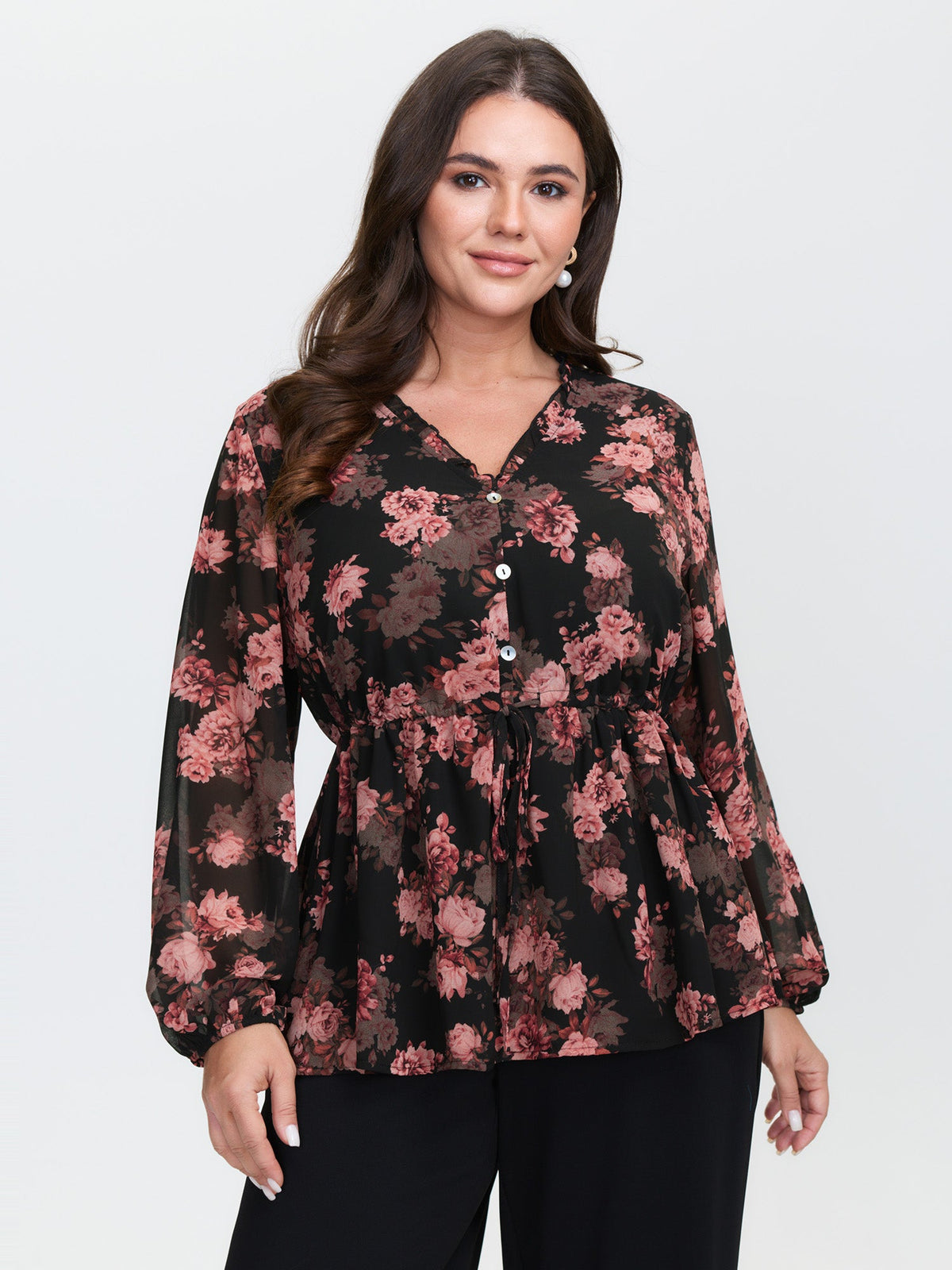 Floral Print Sheer Ruffled Blouse