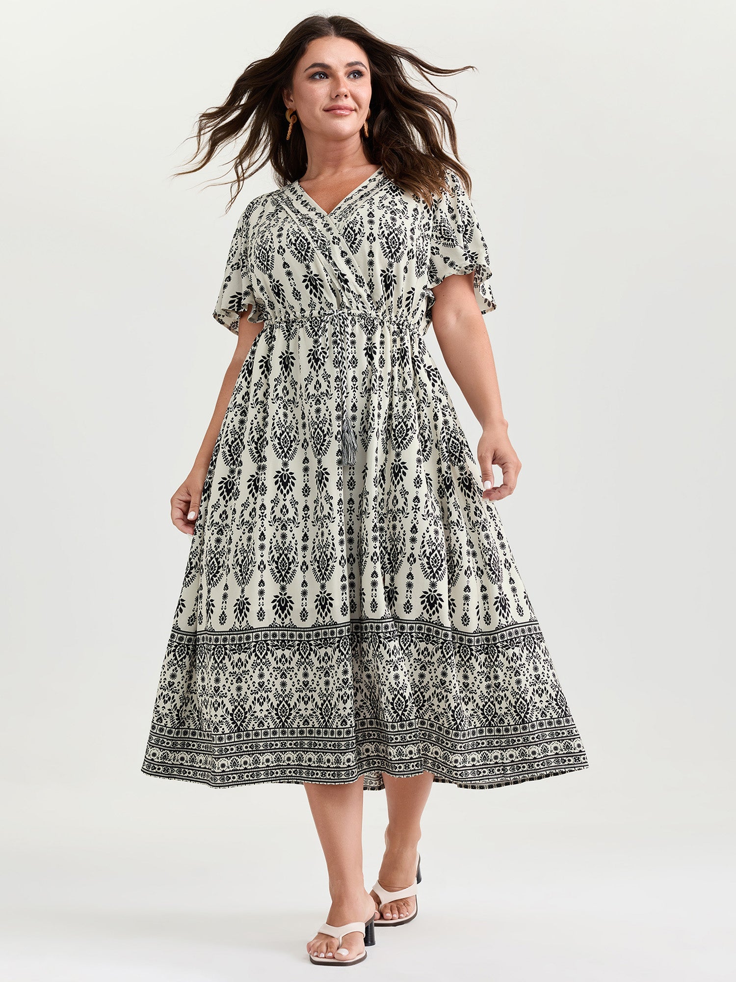 Boho Print Toothpick Pleat Slit Midi Dress