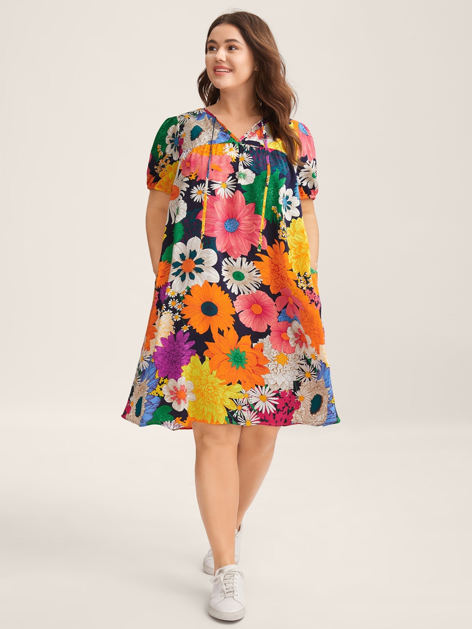 Large Floral Print Neck Tie Mini Dress