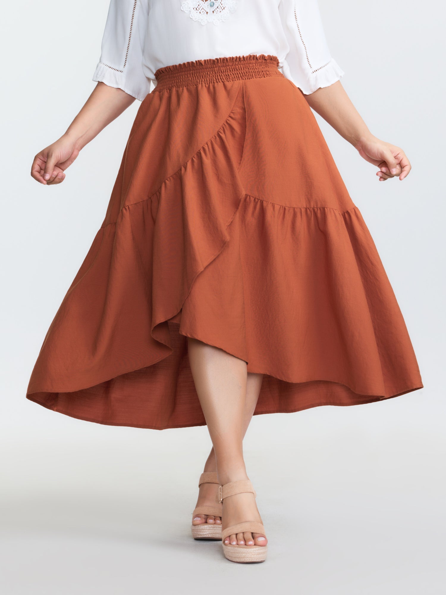 Shirred Waist Ruffled High Low Hem Midi Skirt