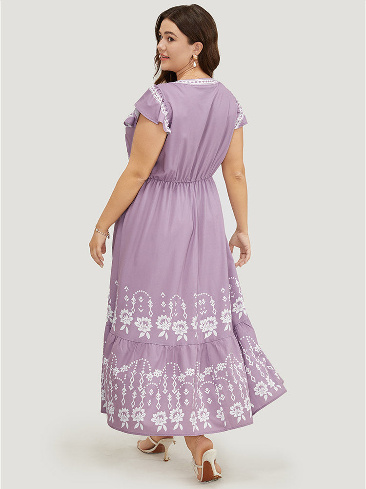Bandana Cap Sleeve Notched Neck Pocket Flutter Hem Dress