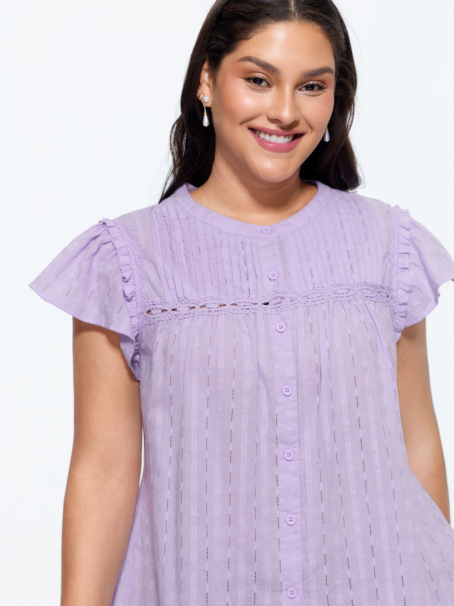 Cotton Textured Lace Trim Placket Blouse
