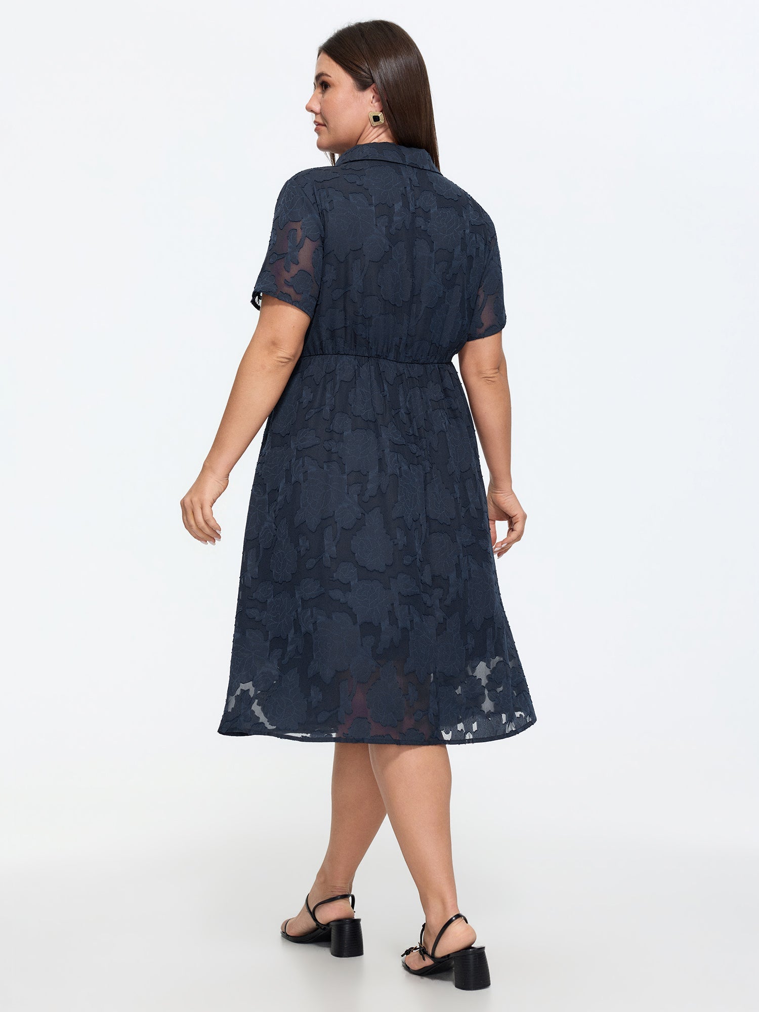 Floral Textured Lined Midi Shirt Dress