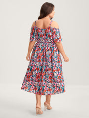 Floral Print Off-Shoulder Pockets Midi Dress