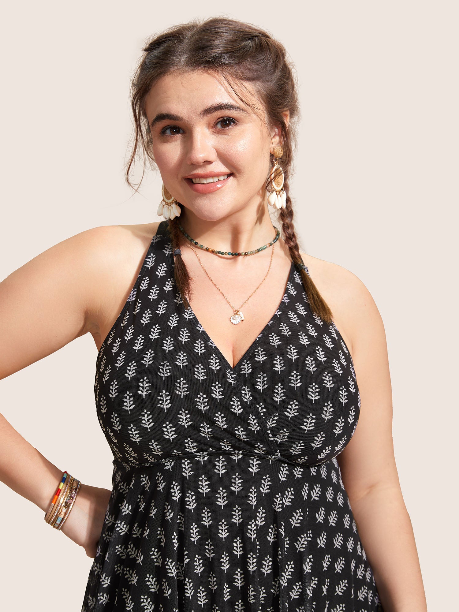 Overlap Collar Boho Print Patchwork Swim Dress