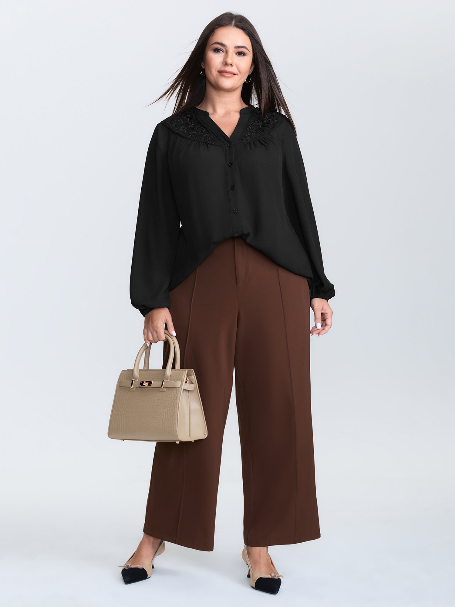 Embroidered Neckline Button-Down Blouse