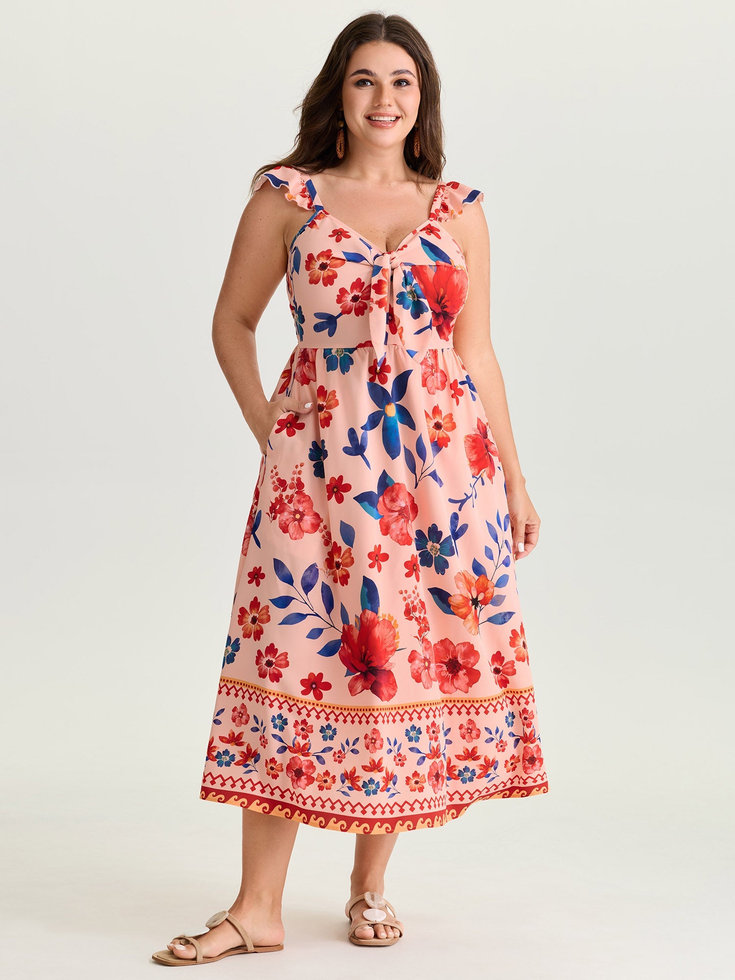 Floral Print Flutter Sleeve Contrast Maxi Dress