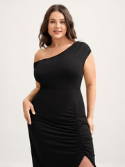 One Shoulder Ruched Split Hem Midi Dress