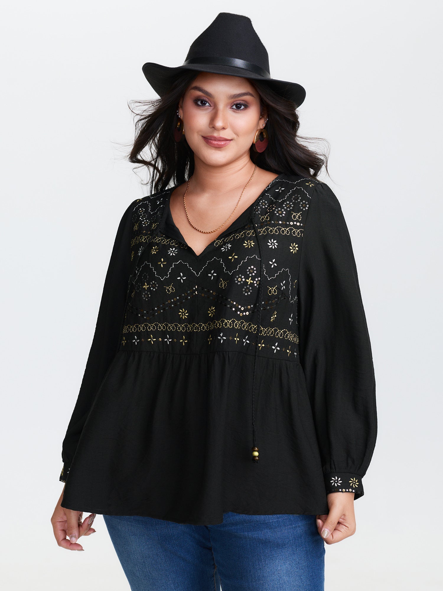 Sequin Embroidery Tassel Tie Blouse