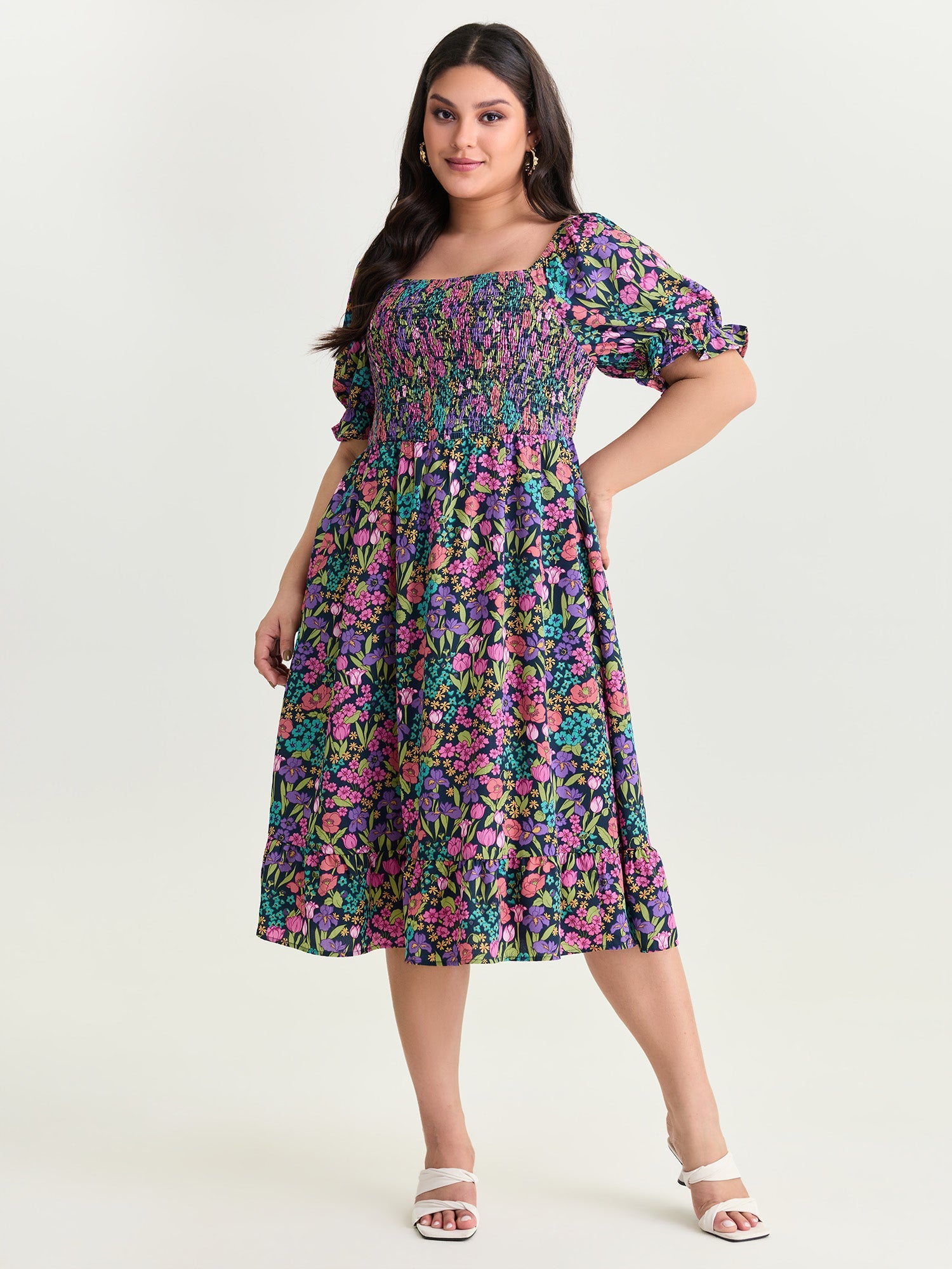 Playful Floral Print Shirred Midi Dress