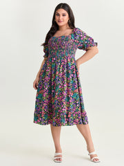 Playful Floral Print Shirred Midi Dress
