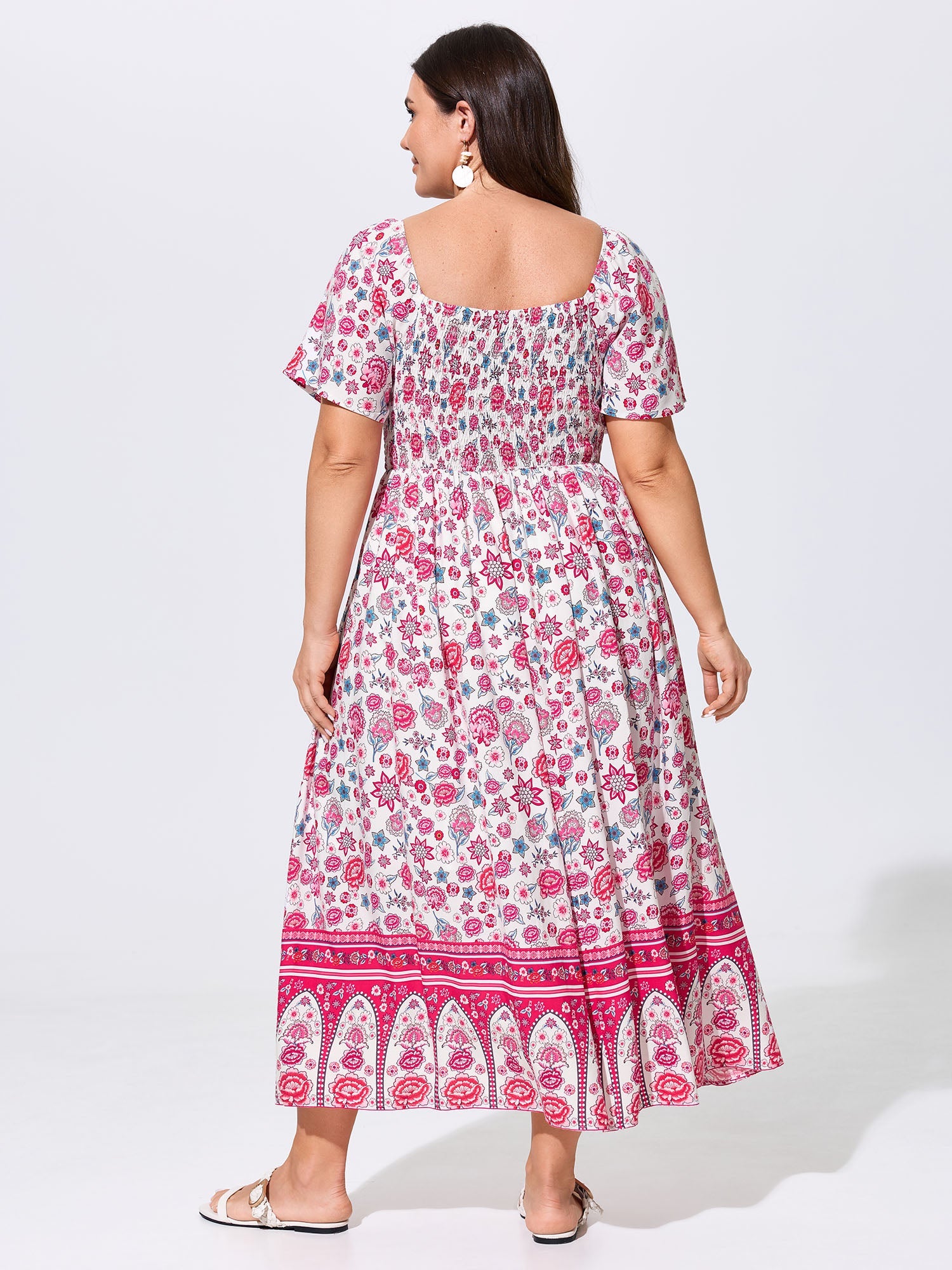Floral Print Square Shirred Bodice Maxi Dress