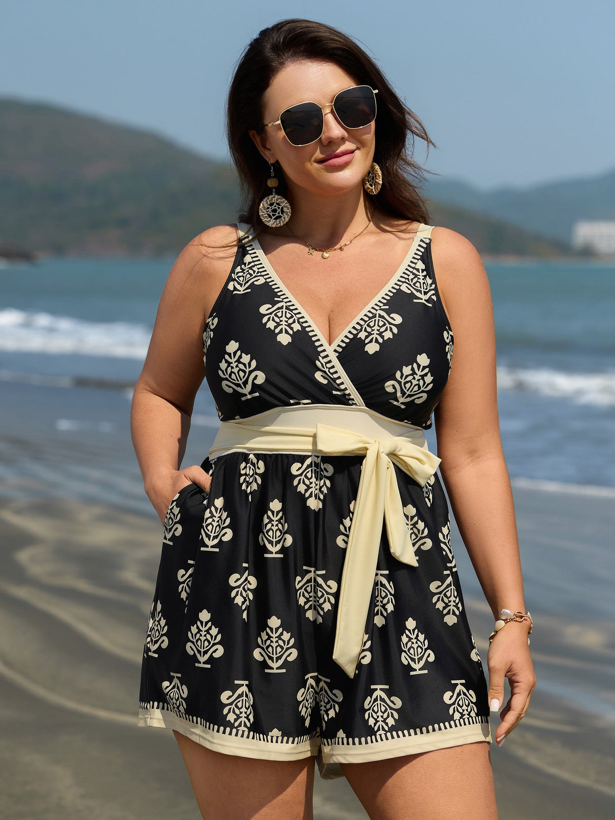 Boho Print Pockets One-Piece Swimsuit