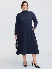 Mock Neck Waist-Defining Button Midi Dress