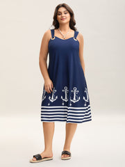 Nautical Print Sleeveless Buckle Midi Dress
