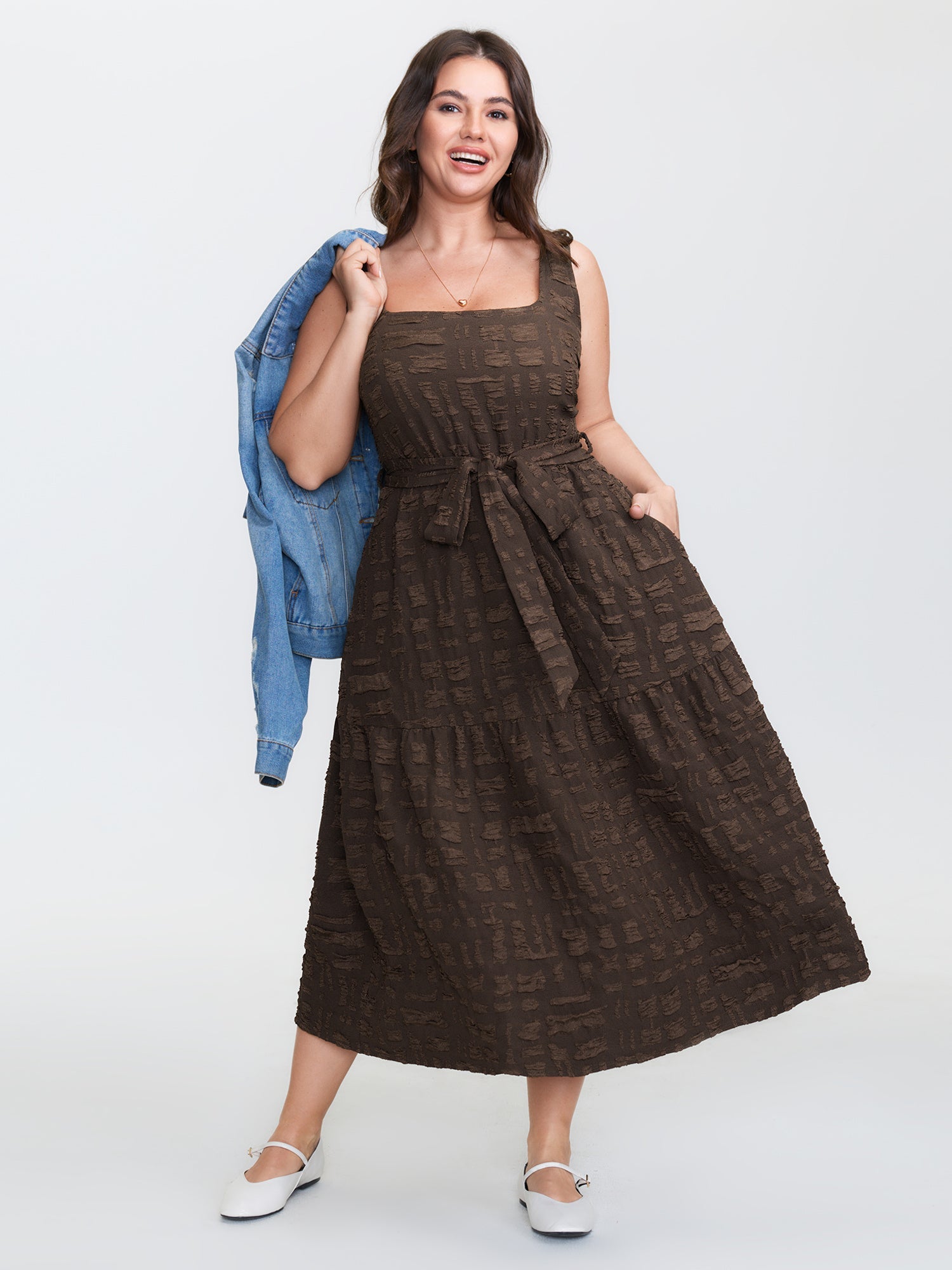 Textured Waist-Tie Square Neck Midi Dress