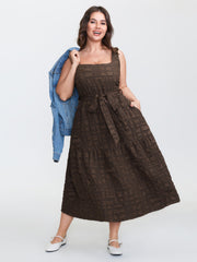 Textured Waist-Tie Square Neck Midi Dress