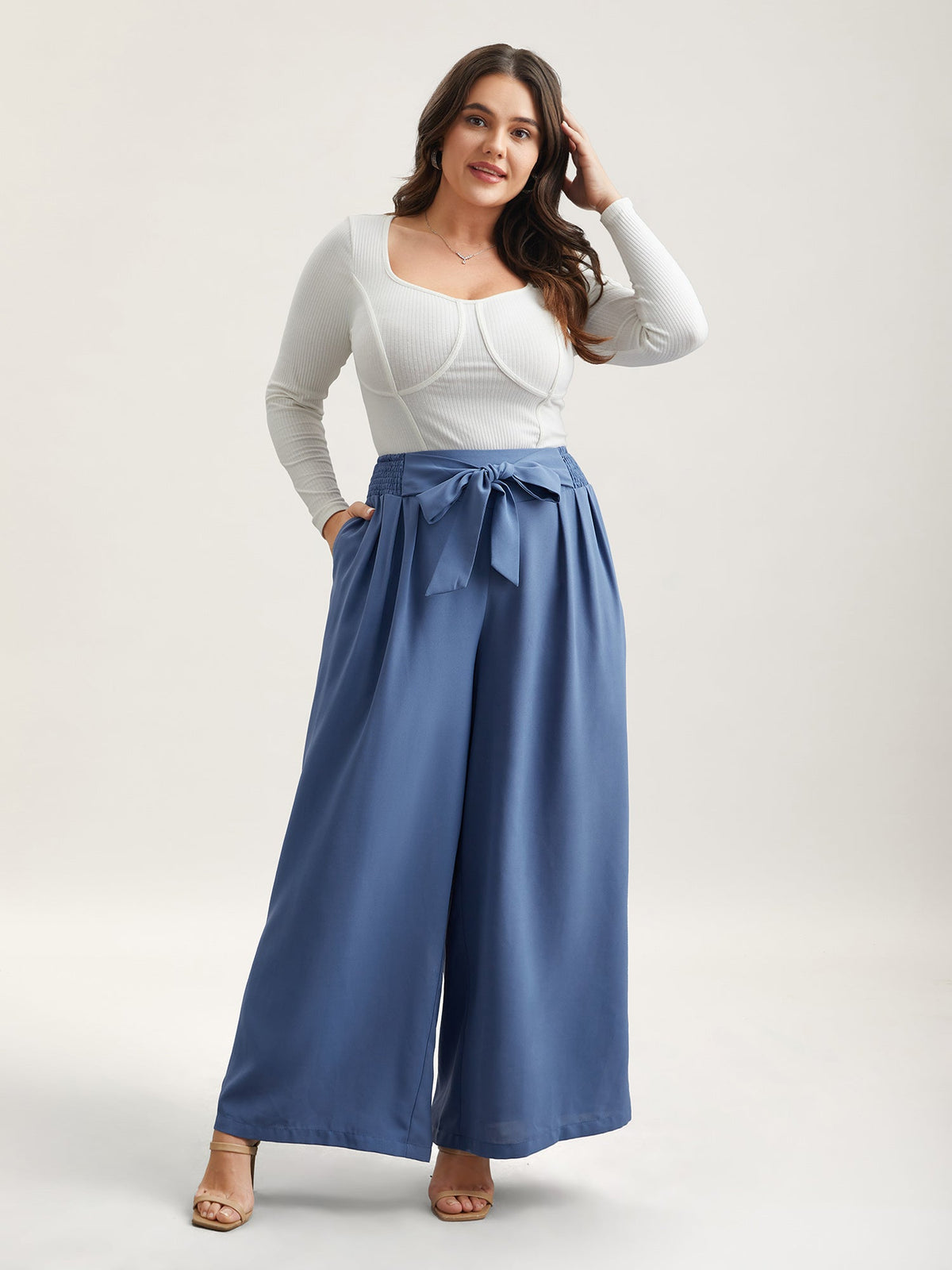 Smocked Waist-Tie Flared Pants