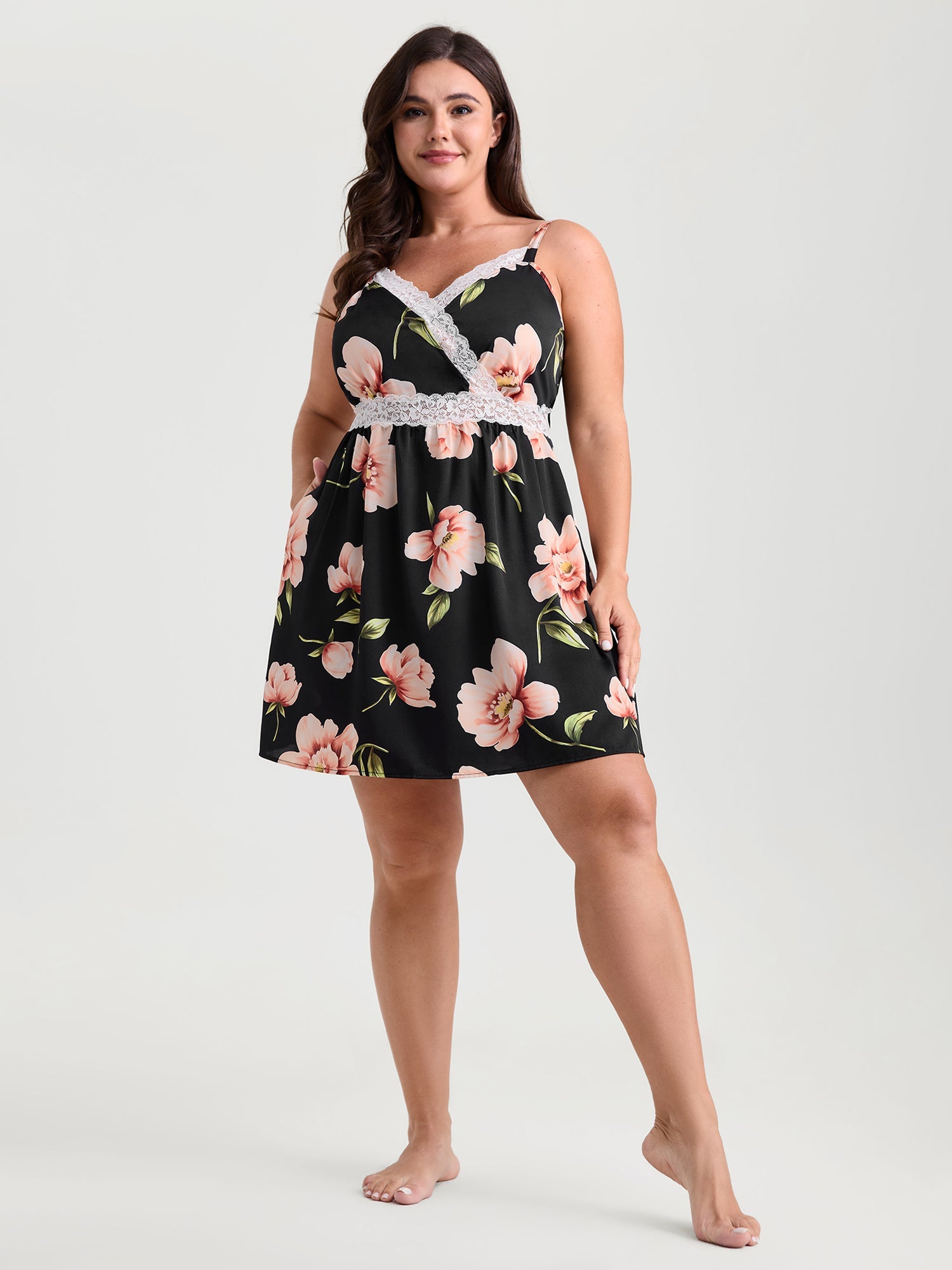 Breezy Floral Print Surplice Lace Neckline Nightgown