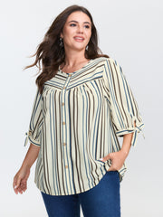 Striped Three-Quarter Sleeve Button-Down Blouse