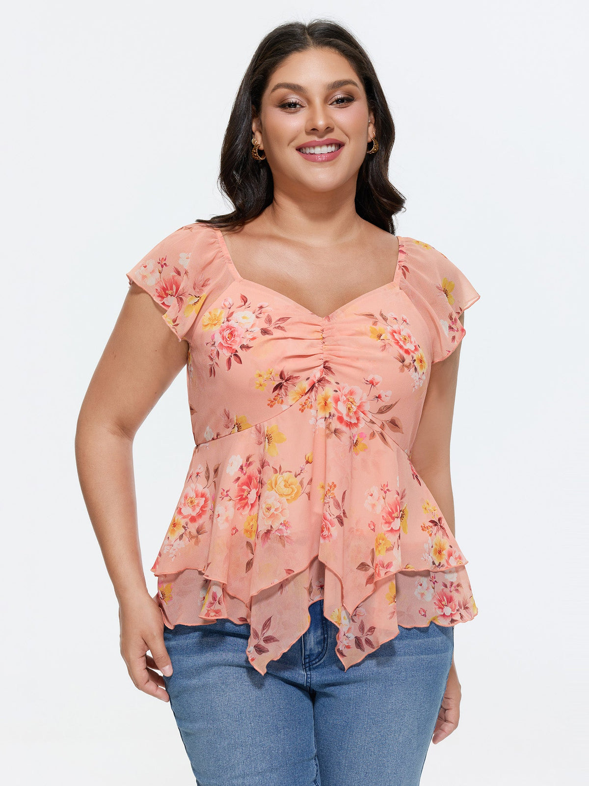 Floral Print Sweetheart Neckline Layered Blouse