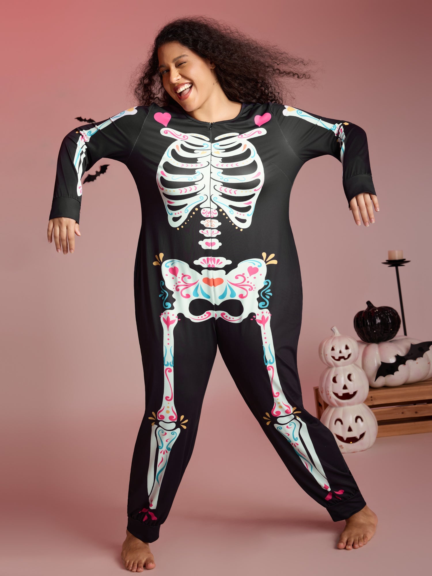 Skeletal Rib Print Hidden Zipper Lounge Jumpsuit