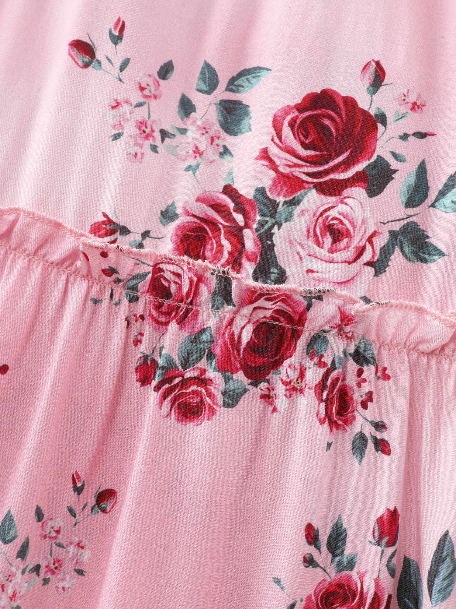 Rose Print Stretchy Waist Shirred Midi Dress