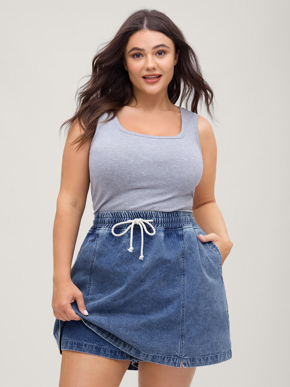 Pull-On Elastic Waist Denim Skort