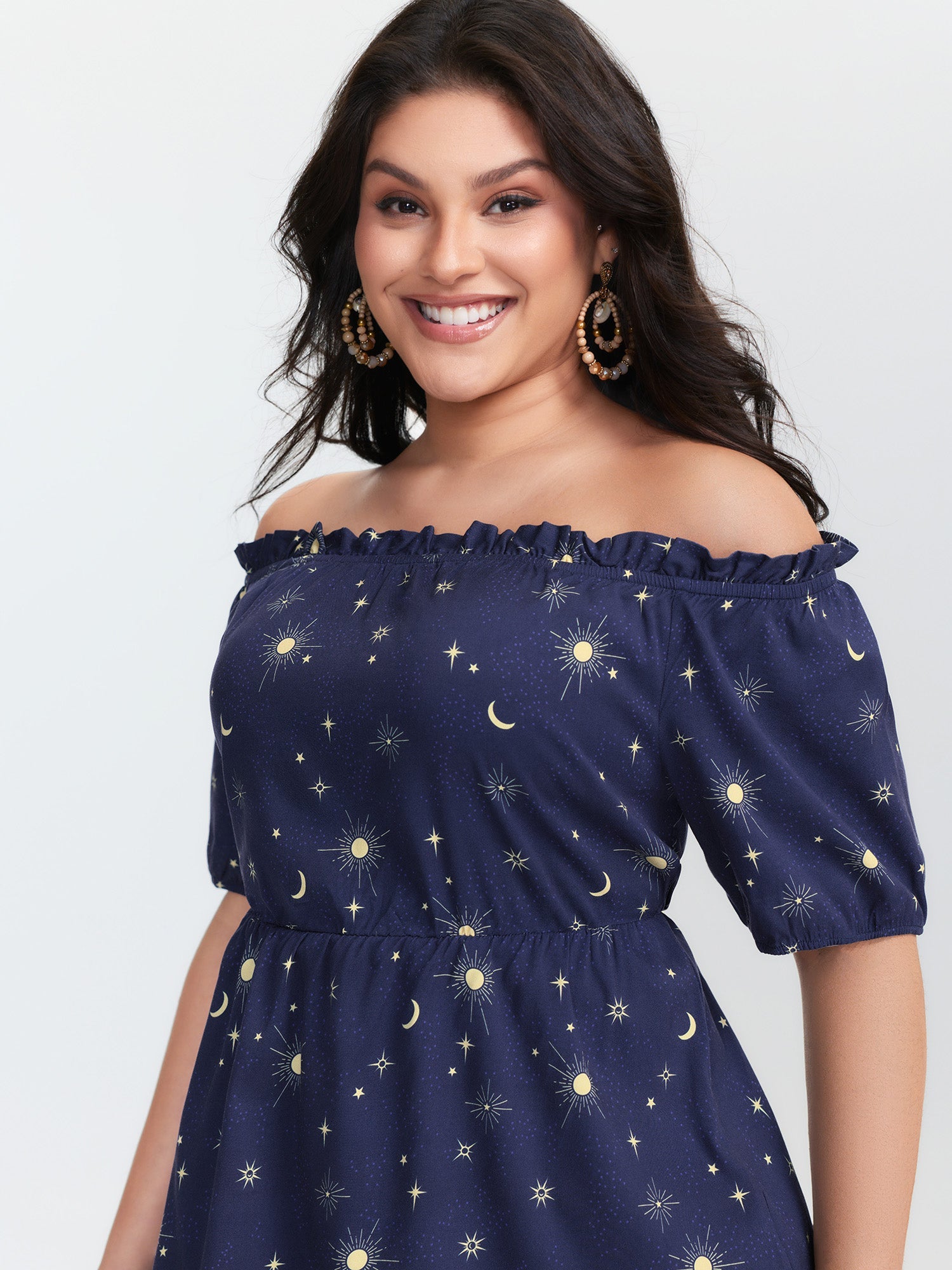 Starry Print Shirred Off-Shoulder Blouse